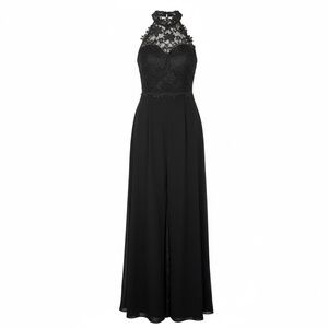 The Vintage Shop Dress Appliqué Halter Sleeveless‎ Split Black Lace Romper Dress